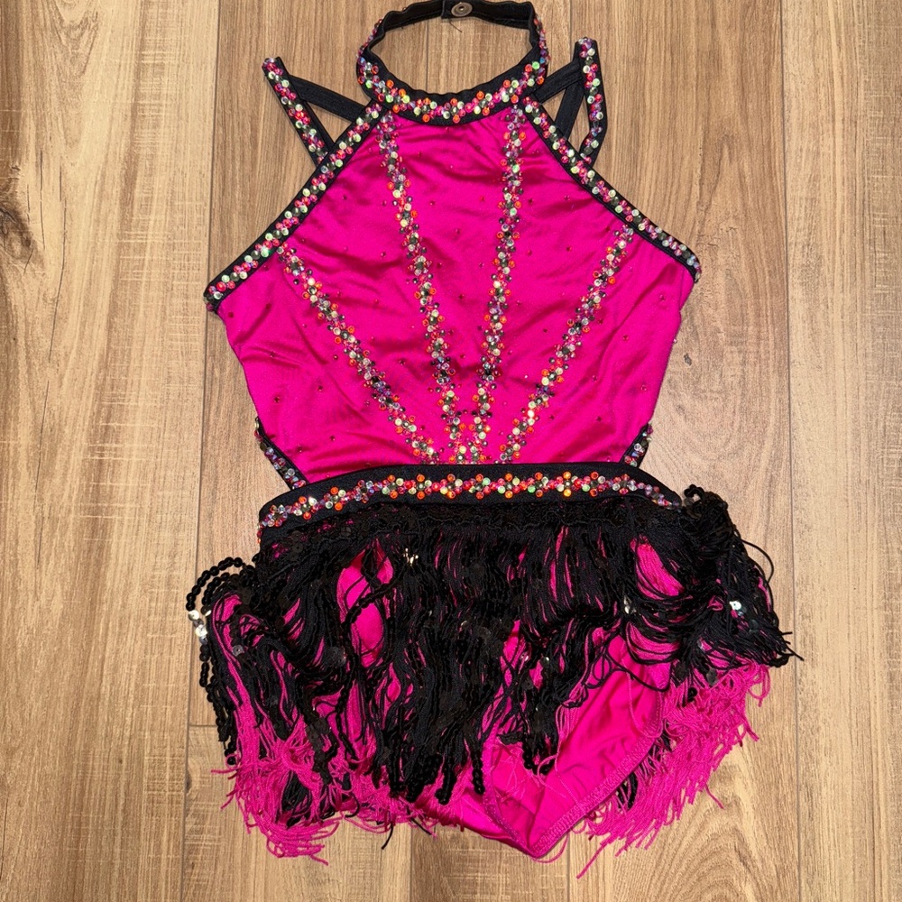 Custom Pink and Black Fringe Dance Costume - MC (medium child)